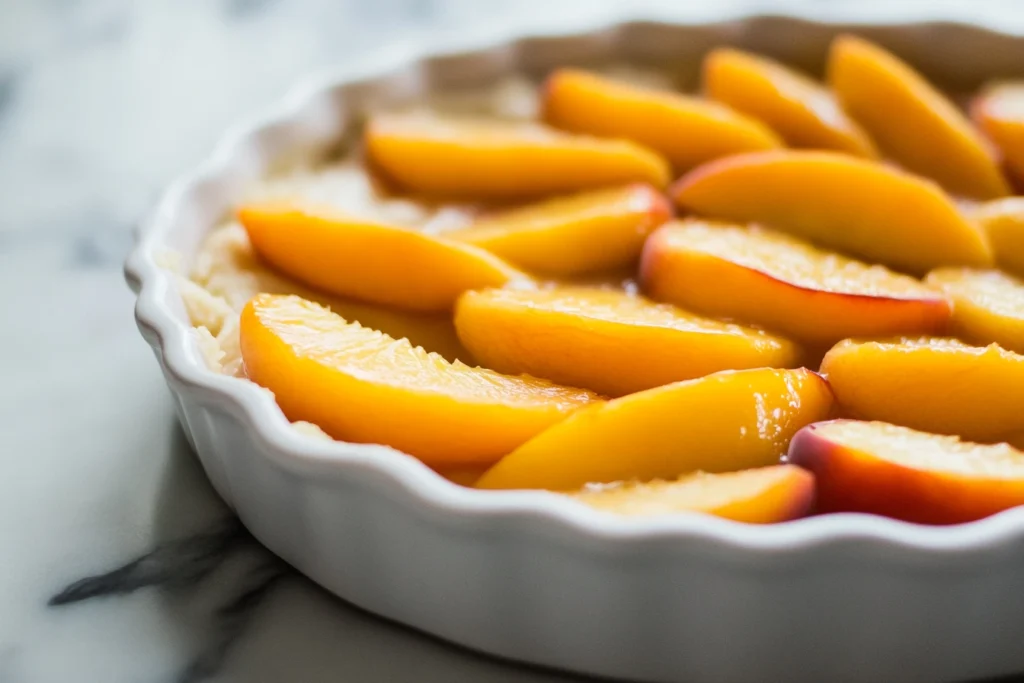 Peach cobbler preparation: layering peaches with biscuit dough.