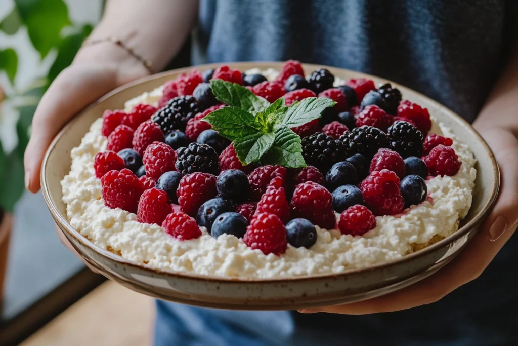 A healthy snack of cottage cheese with fresh berries, promoting the nutritional benefits of regular cottage cheese consumption.