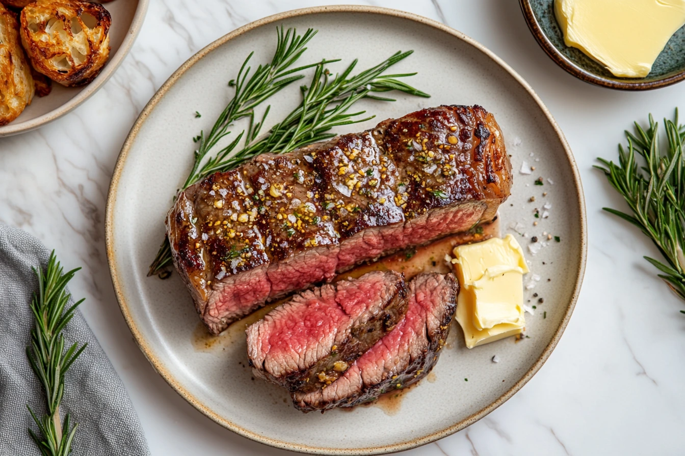 Sous vide steak cooked to medium rare with butter and herbs.