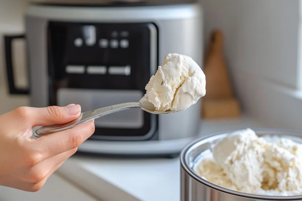 Unevenly textured ice cream beside a Ninja Creami