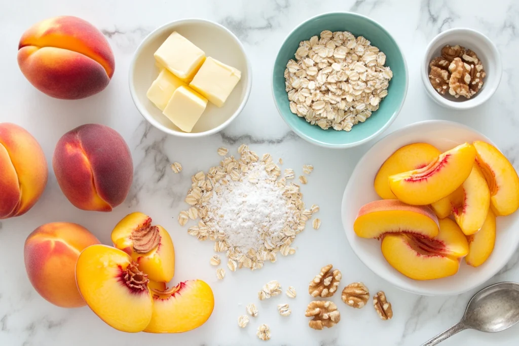 Ingredients for peach crumble and peach crisp laid out on a countertop, featuring fresh peaches, oats, and nuts.