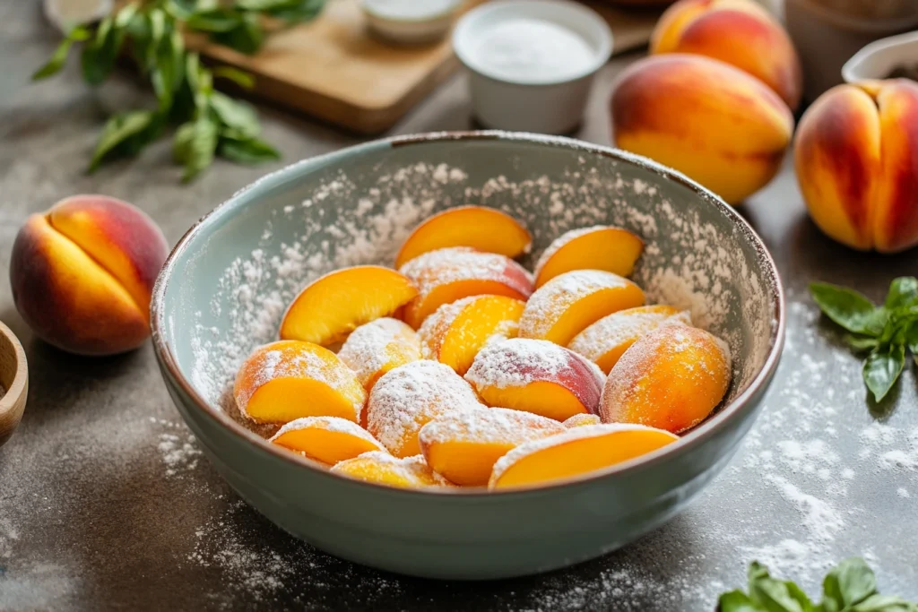 Preparing peach crisp by coating fresh peach slices in cornstarch and sugar to prevent excess moisture.