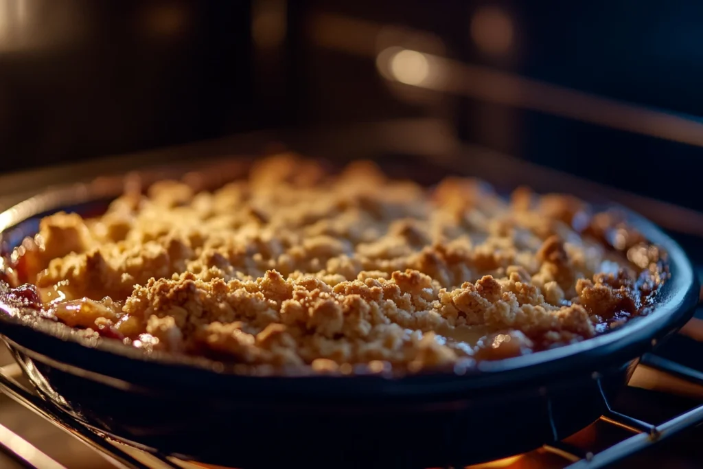 Crumble baking in the oven with golden-brown topping and bubbling fruit juices visible at the edges.