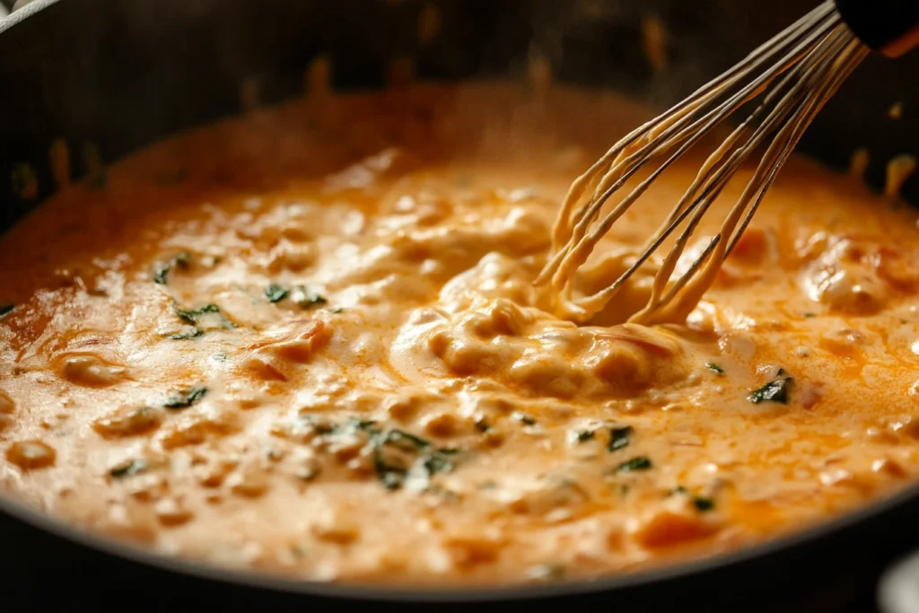 Cheese sauce being whisked in a saucepan, with melted cheese creating a smooth and creamy texture.