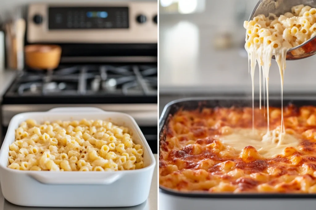 Step-by-step preparation of mac and cheese, from boiling pasta to baking with cheese sauce.