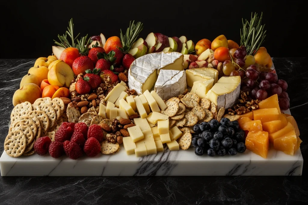 Artisanal cheese platter with brie, blue cheese, and aged cheddar served with fruits and nuts.