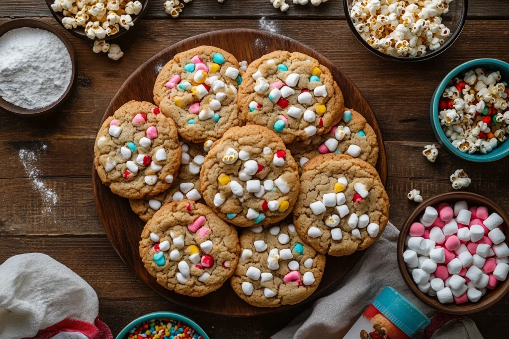 Carnival cookies with popcorn, marshmallows, and cotton candy flavor arranged on a table with ingredient bowls.