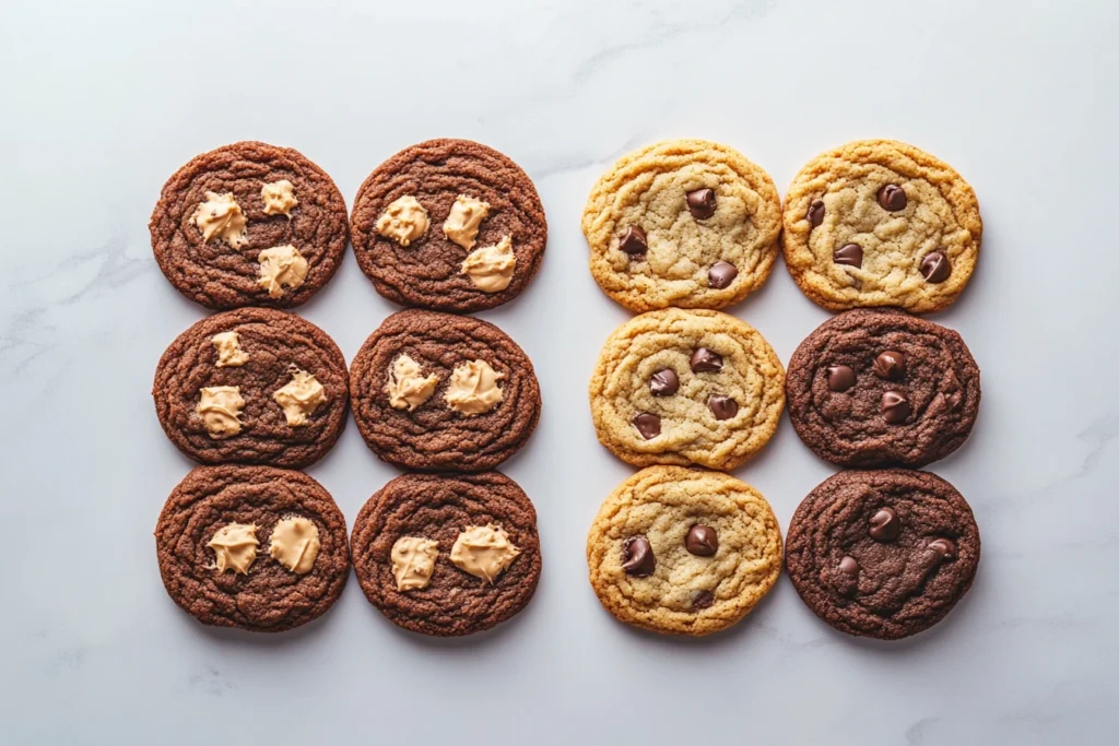 Comparison of flat, overbaked cookies and thick, perfectly baked cookies highlighting texture differences.