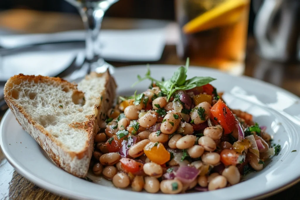 Dense bean salad served with bread and drink.