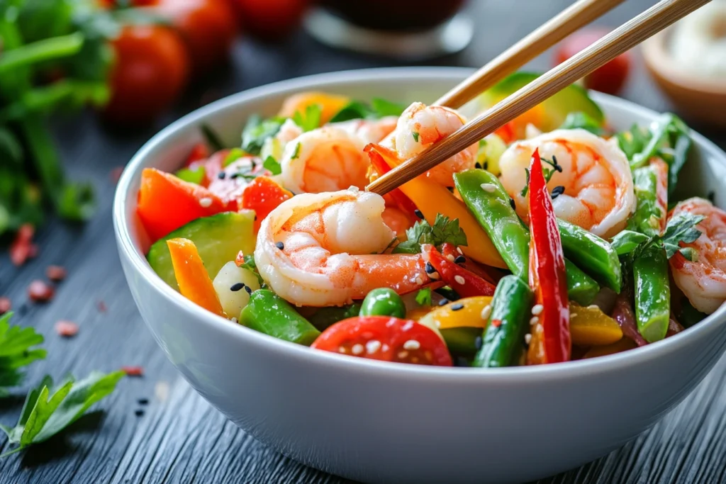 Stir-fry vegetables and shrimp in a white bowl with chopsticks.