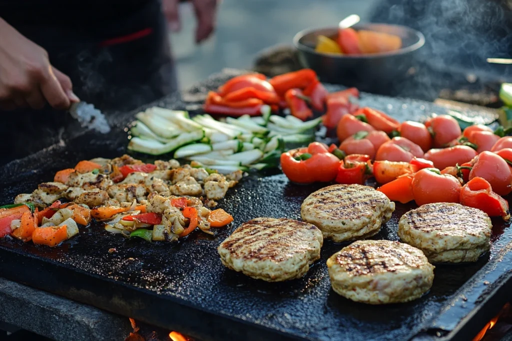 Overcrowded cooking surface with unevenly cooked food.