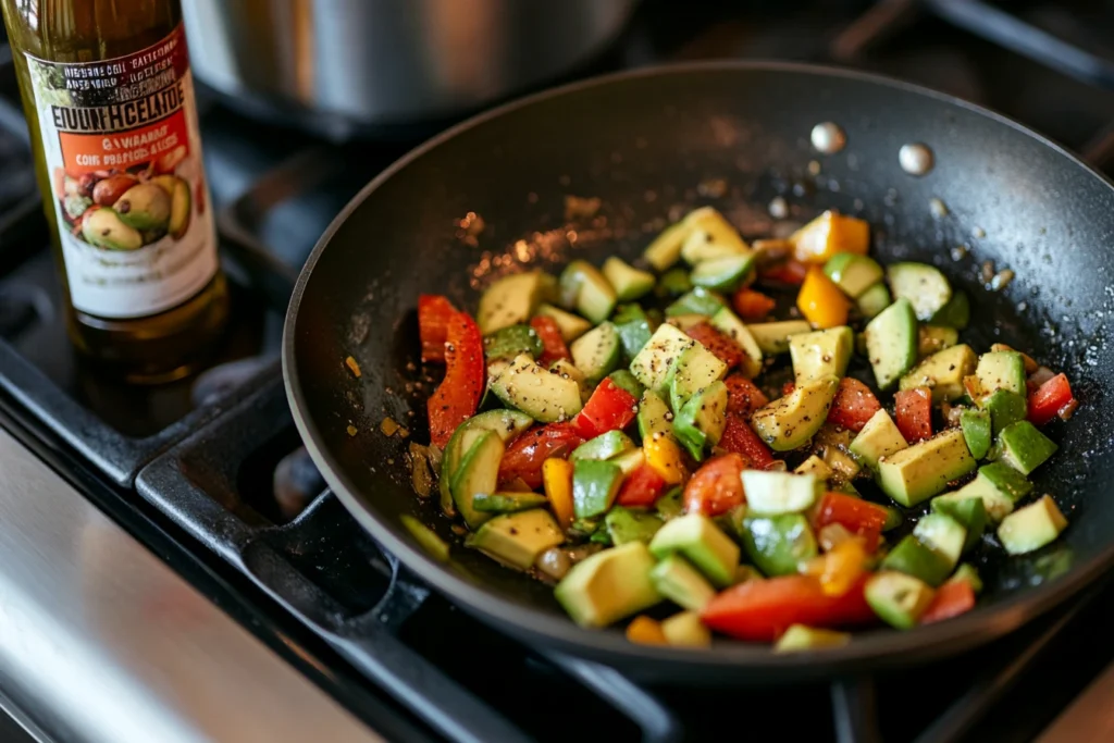 Vegetables being sautéed in avocado oil on a stovetop.