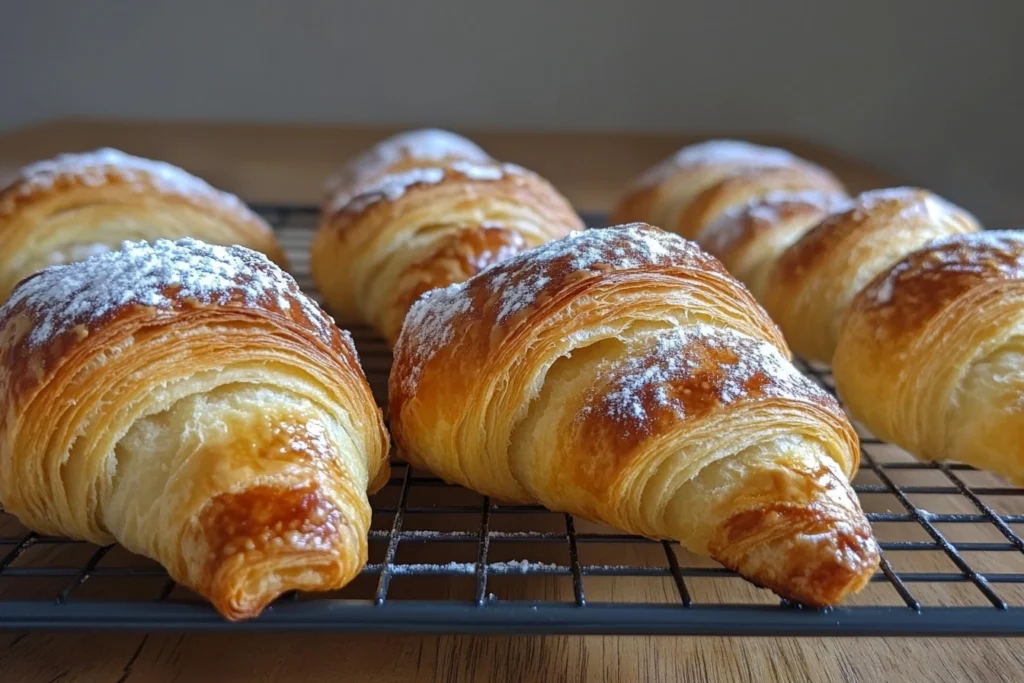 Freshly baked Gipfeli cooling on a wire rack with a golden finish.