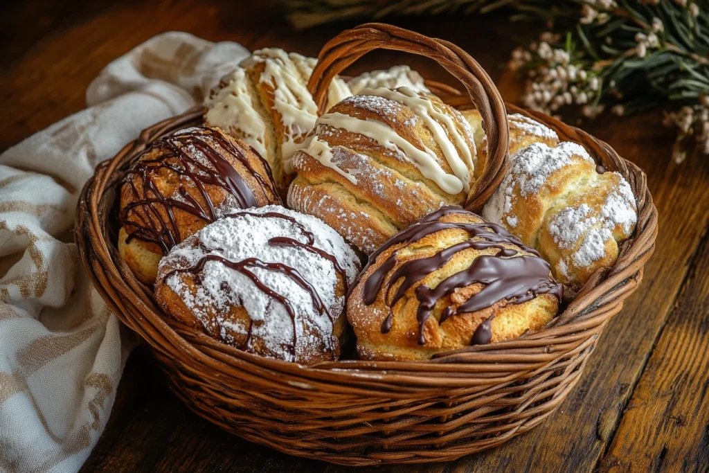 Assorted Nussgipfel variations with powdered sugar and chocolate drizzle in a basket.