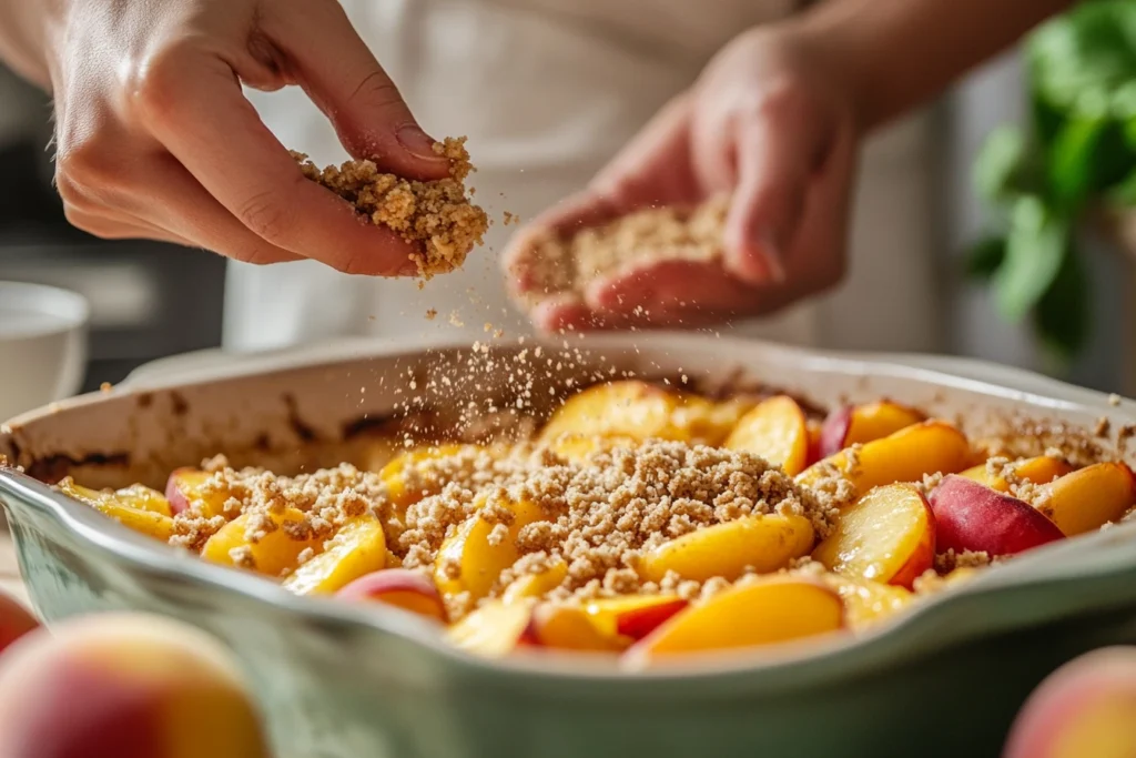 Hands sprinkling crumble topping over sliced peaches in a baking dish, ready to bake.