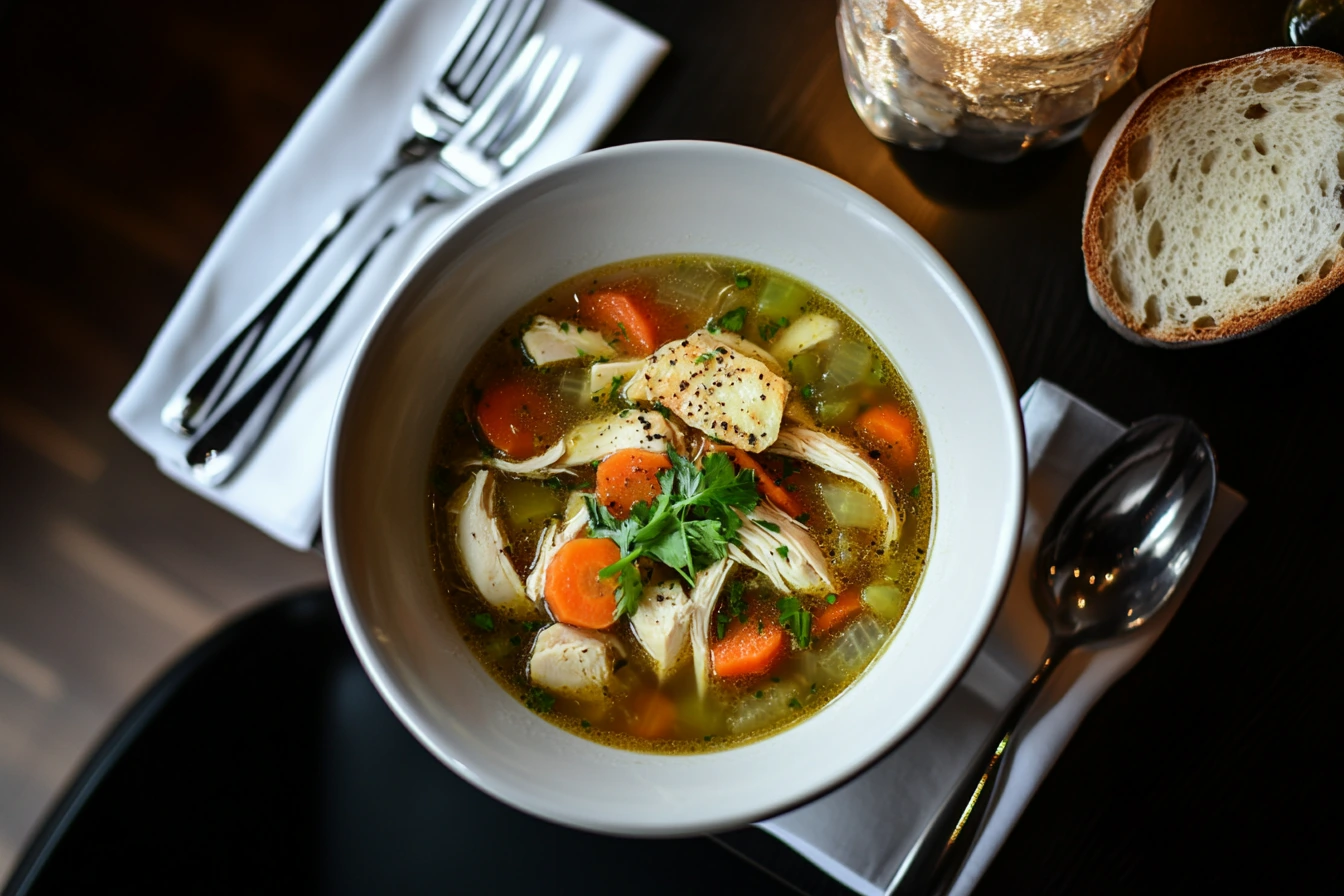 A bowl of hot chicken soup with vegetables and bread