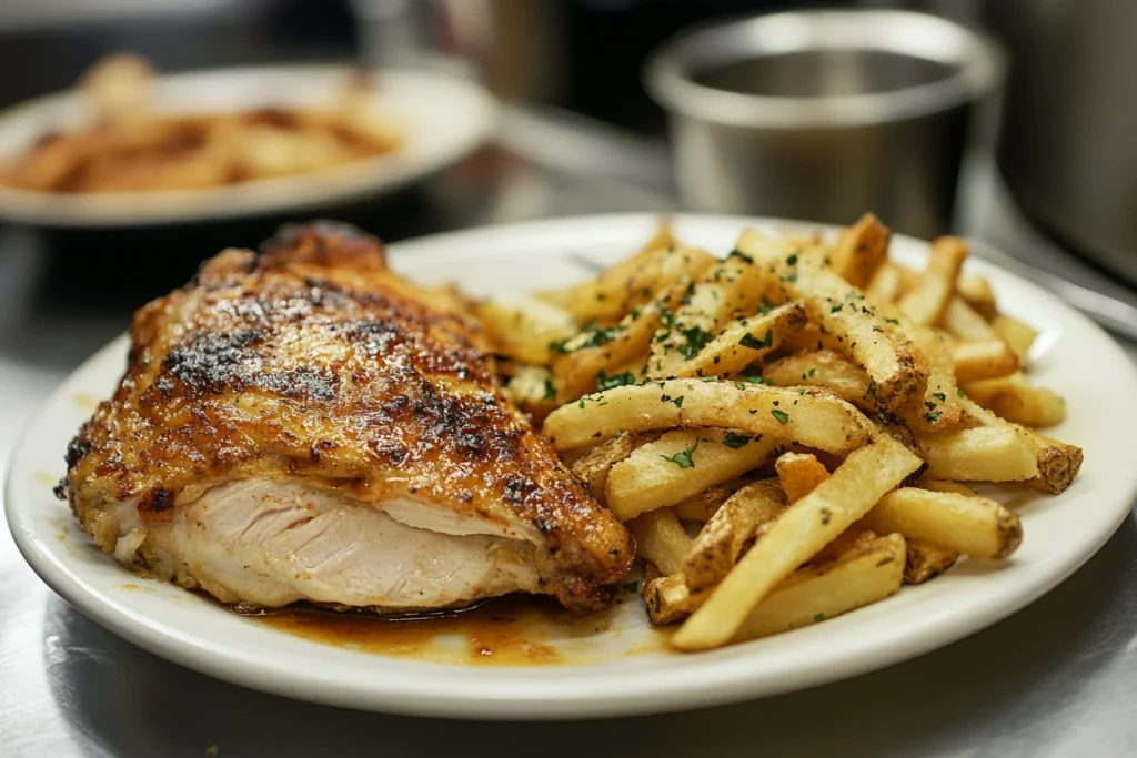 Crispy fried chicken and fries vs. sous vide chicken breast.