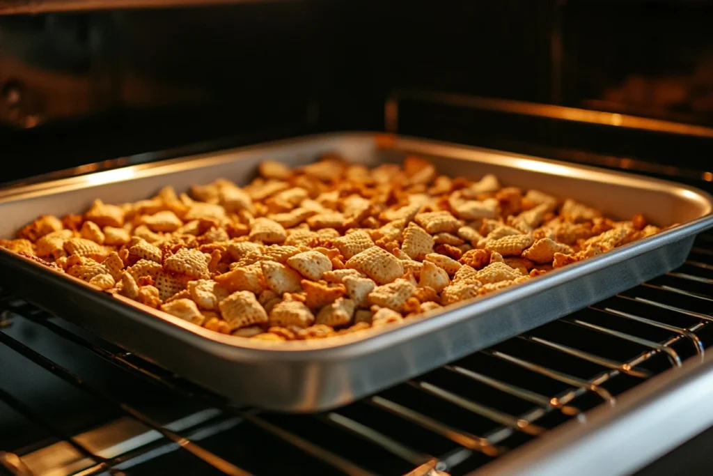 Stirring Chex Mix during baking to fix sogginess.