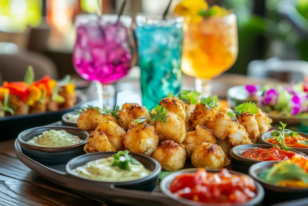 A party platter with chicken minis and sauces.