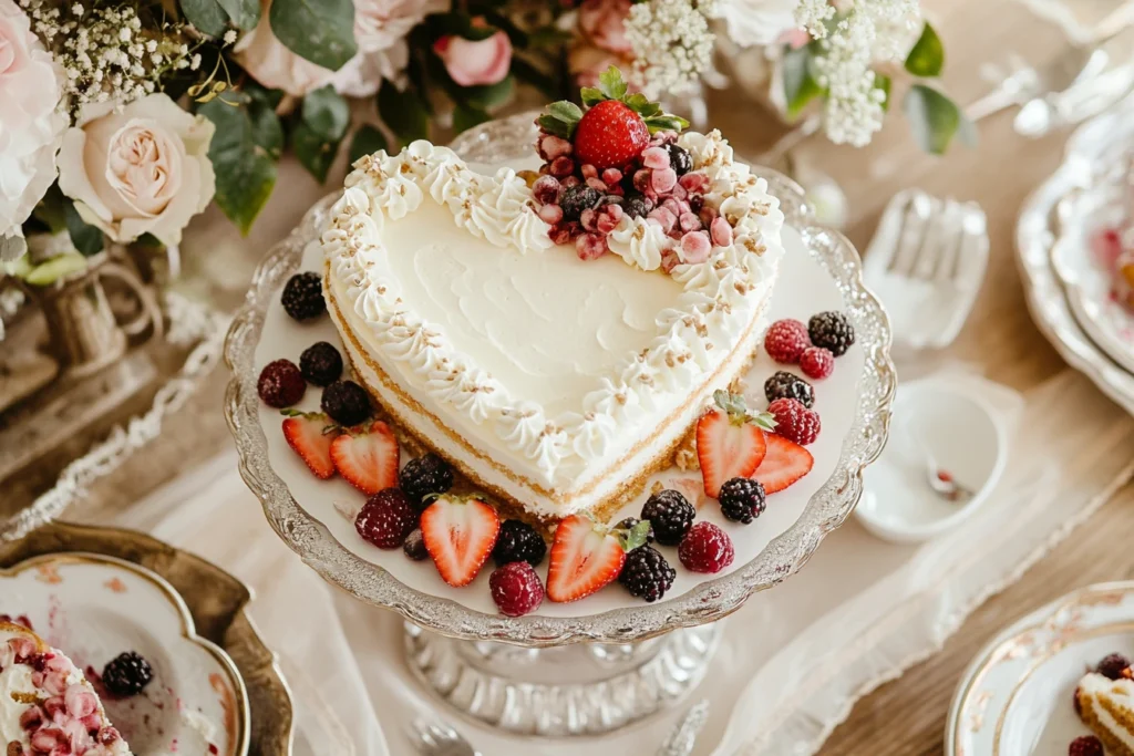 Heart cake served with slices and berries.