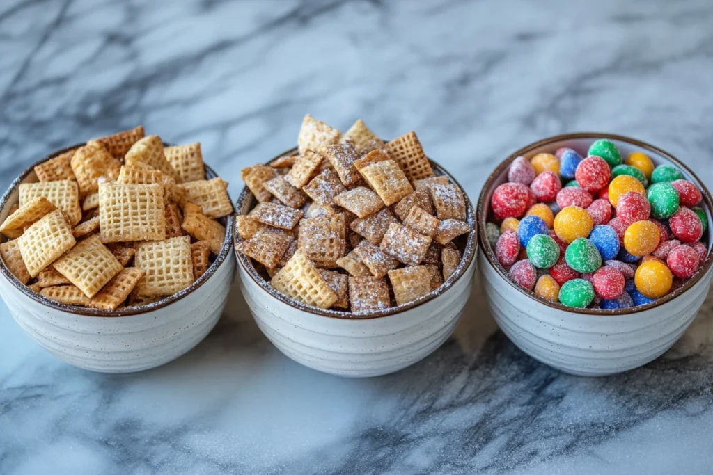 Freshly baked Chex Mix on a tray.