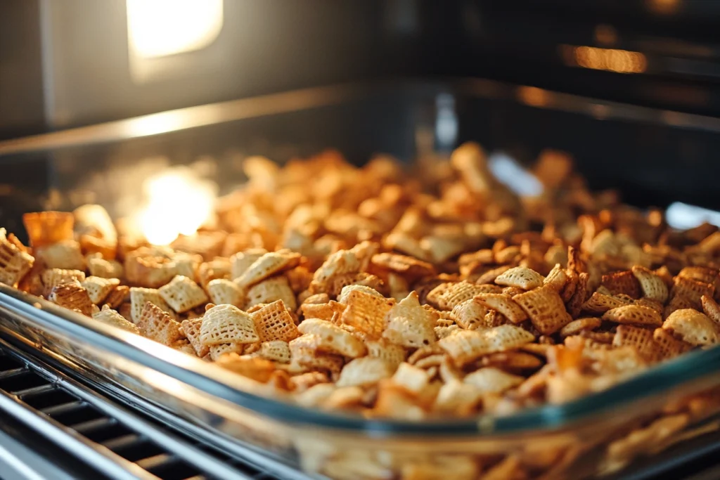 Stirring Chex Mix during baking in the oven.