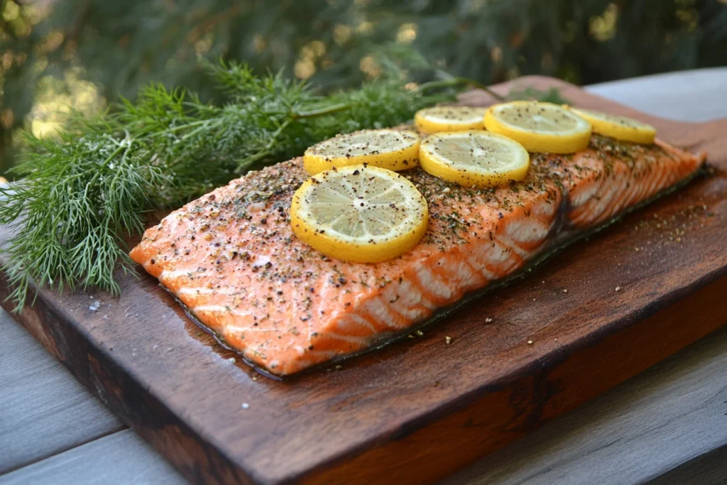 Smoked salmon fillet, a delicious choice for meats to smoke in 2 hours, garnished with lemon slices and fresh dill.