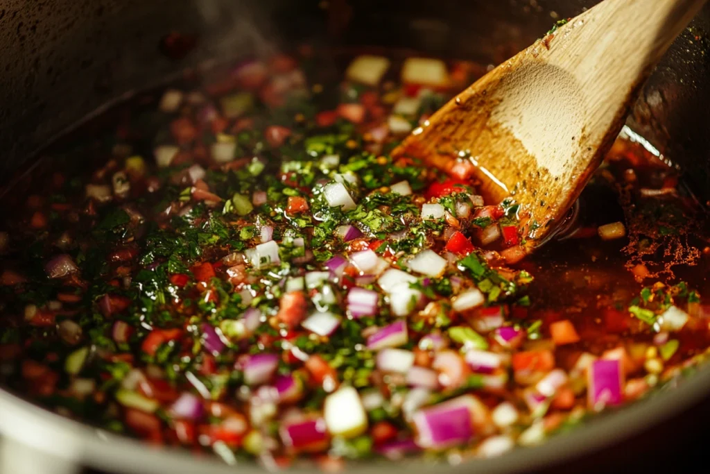 A pot of vegetables and spices simmering to make Amish chow chow.