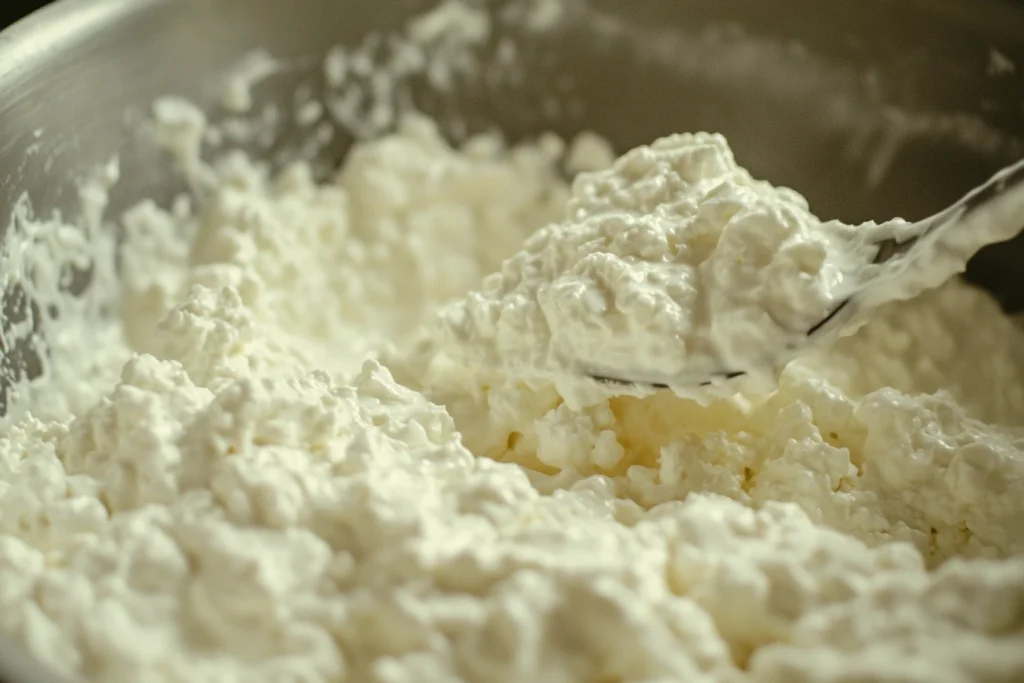 Close-up of creamy cottage cheese being stirred, demonstrating its texture for cooking.