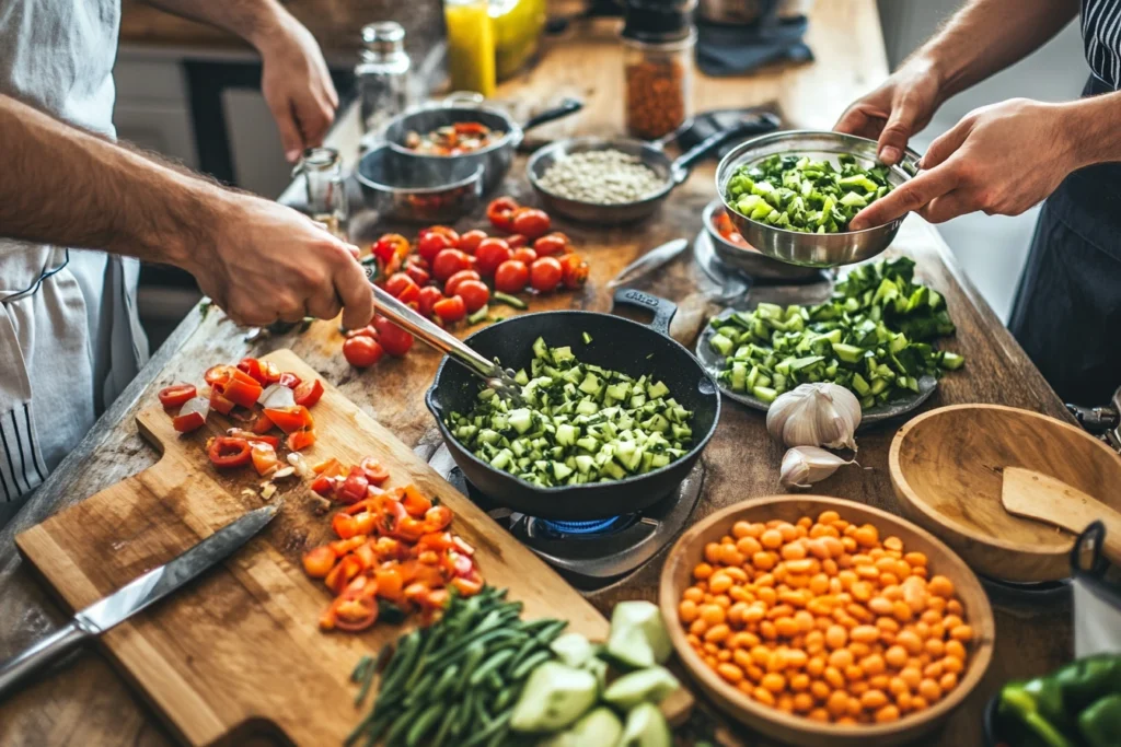 Steps in making dense bean salad: cooking beans, chopping vegetables, and preparing dressing.