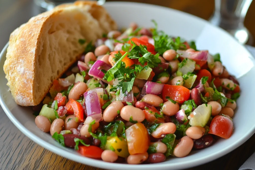 Dense bean salad served with crusty bread and a drink on a dining table.