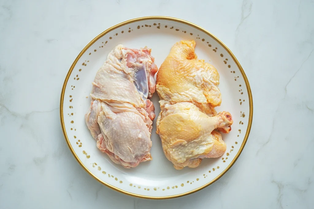 A comparison of spoiled and fresh rotisserie chicken, highlighting discoloration.