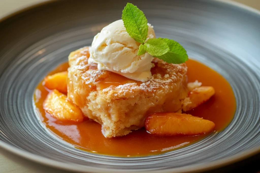 Freshly baked peach cobbler with vanilla ice cream and mint garnish.