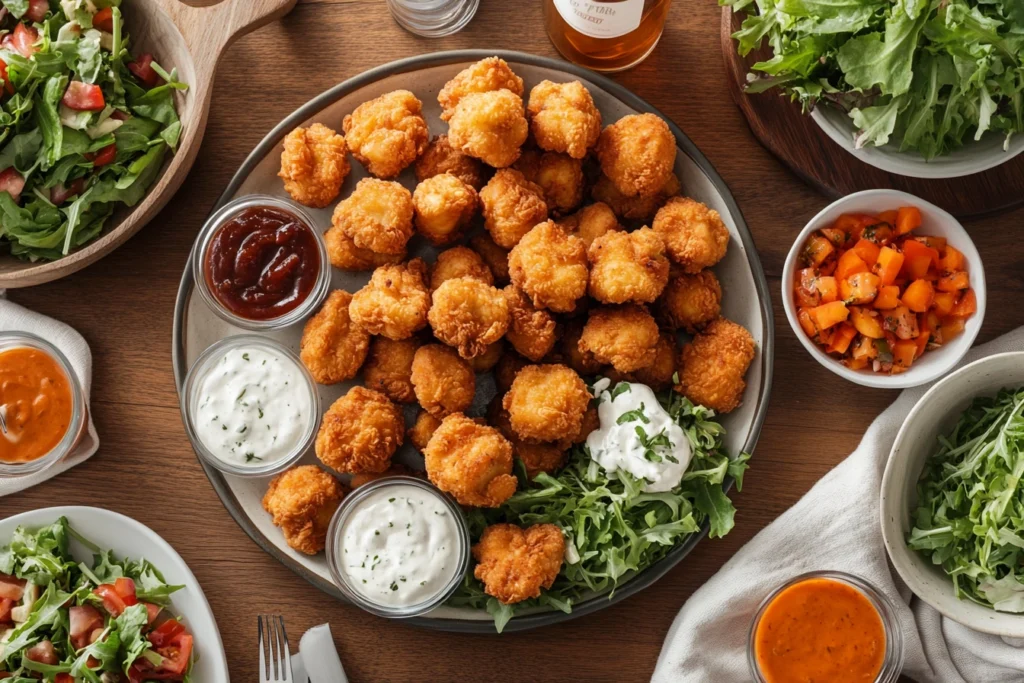 Chicken minis platter with sides and drinks for a meal.