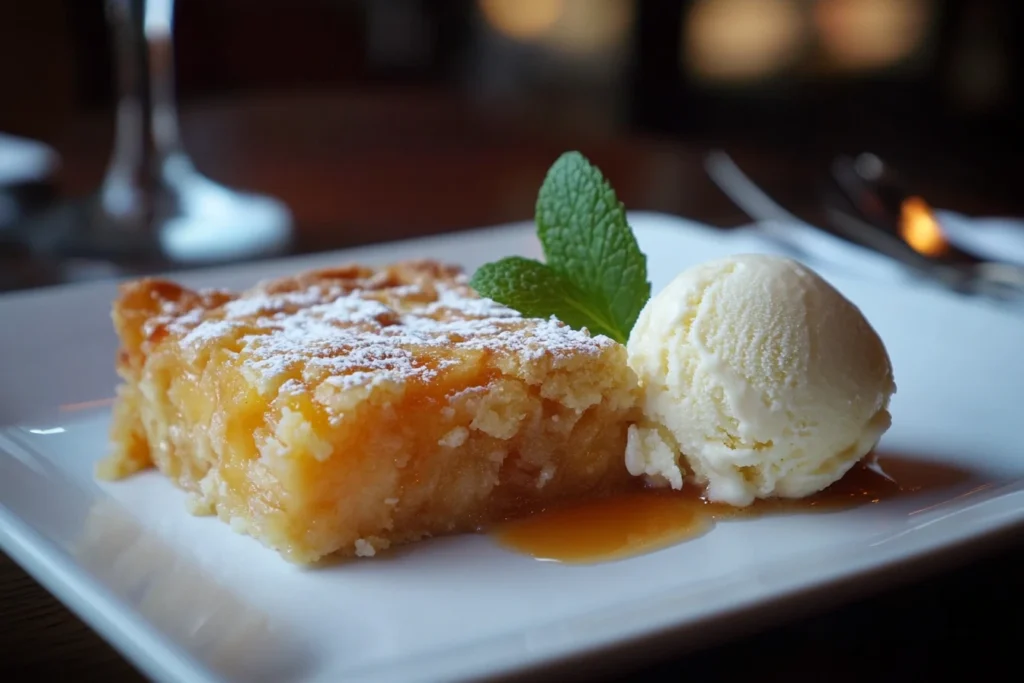 Slice of peach cobbler served with vanilla ice cream and mint garnish