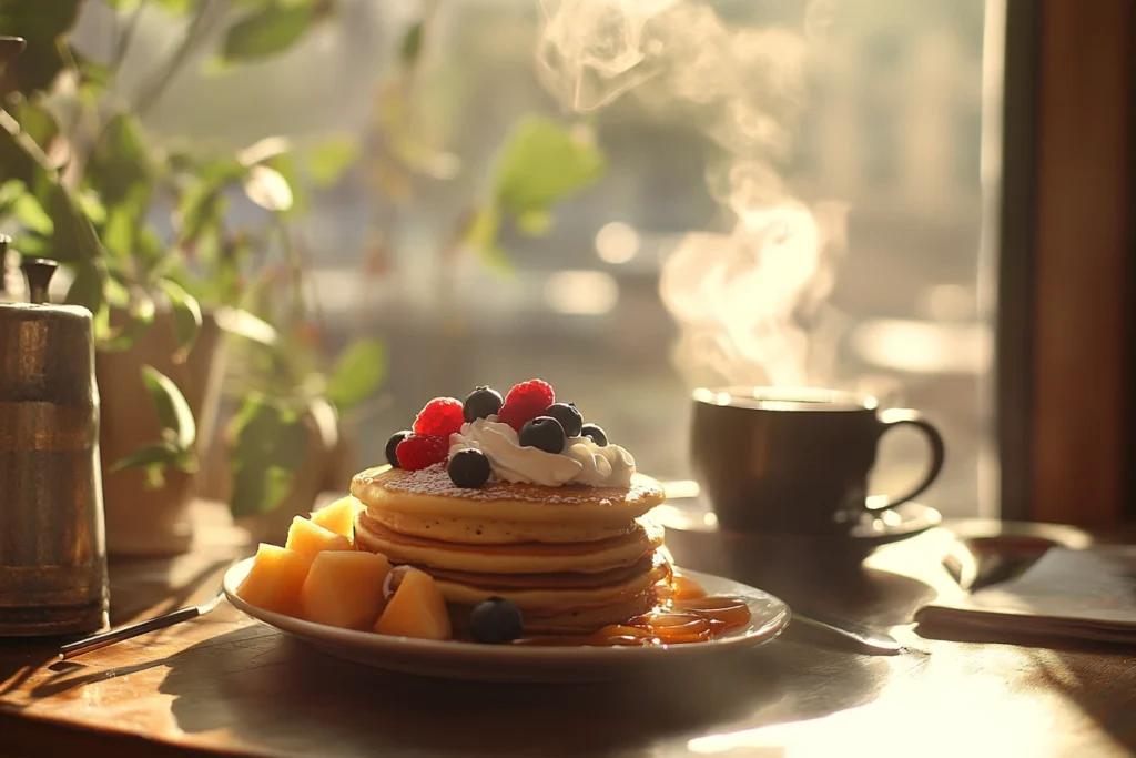 Hotcakes with creative toppings served with coffee on a breakfast table.