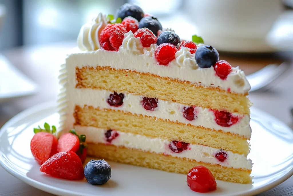 A sour cream cake slice served with whipped cream and fresh berries.