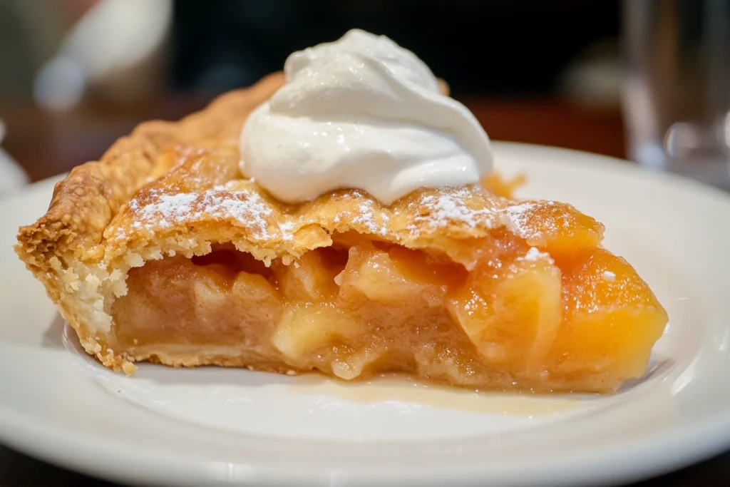 A slice of cobbler with a flaky biscuit crust and whipped cream.