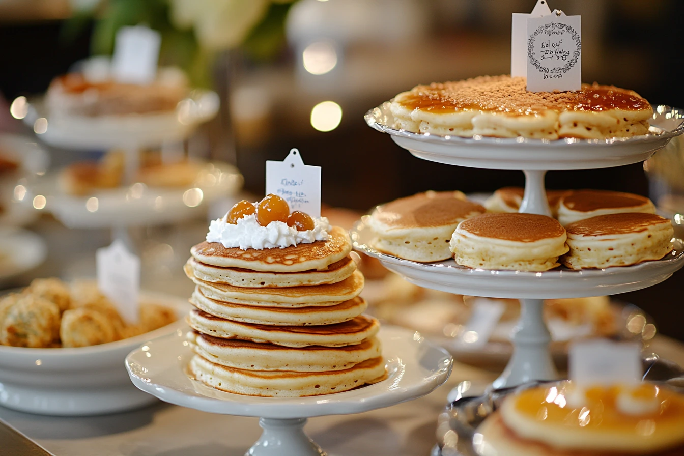 Pancakes made with buttermilk, almond milk, and water served with various toppings on a breakfast table.