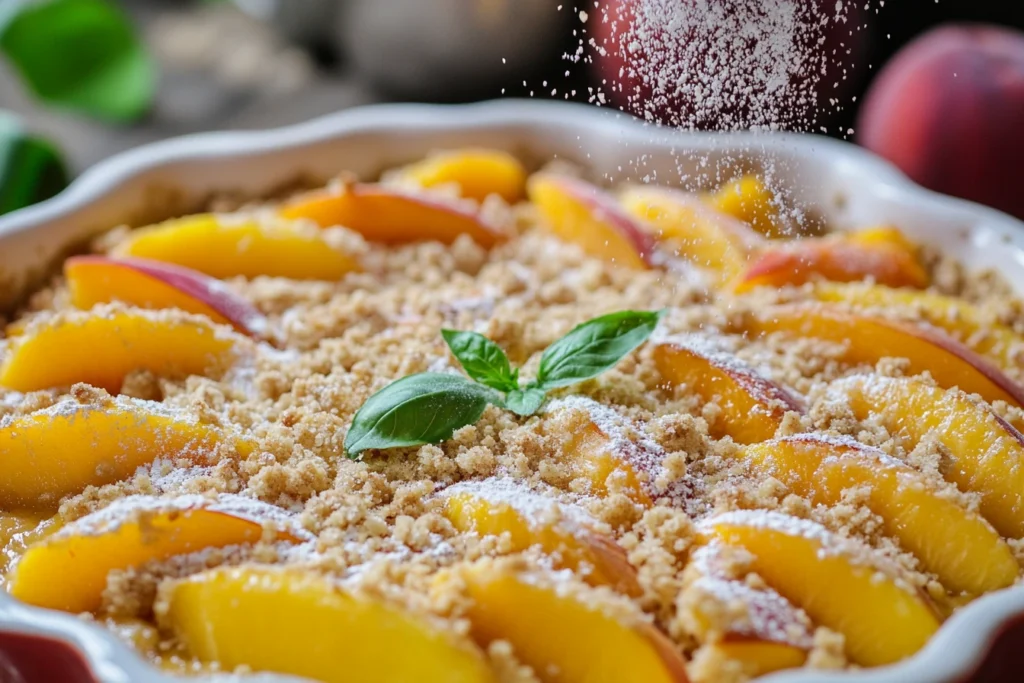 Sprinkling crumbly topping over peaches for a peach crumble.