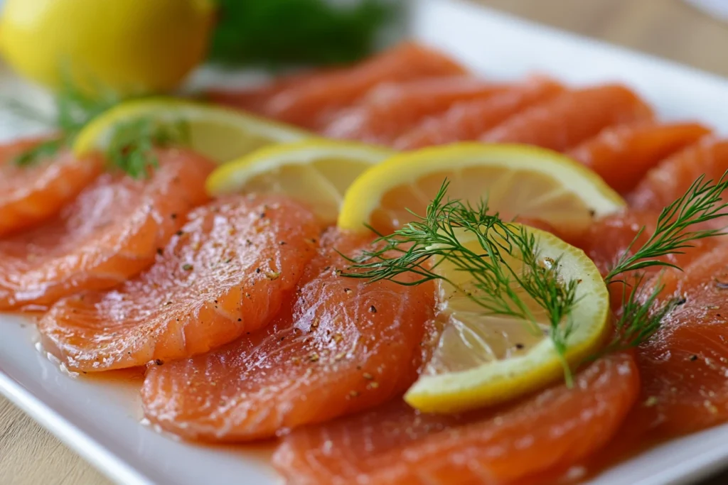 Sous vide salmon fillet with dill and lemon garnish.