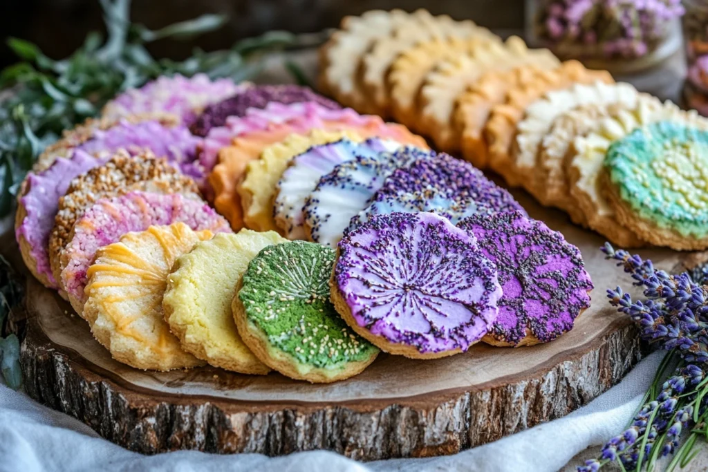 Colorful marbled, rainbow, and stained glass cookies displayed on a pastel plate with baking tools.