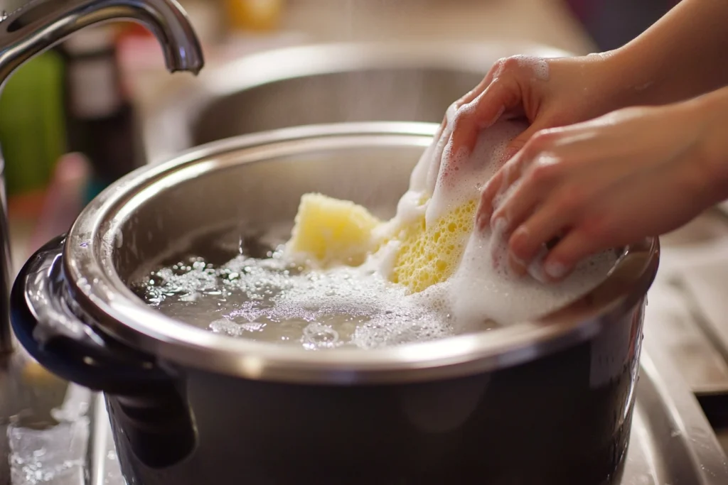 Cleaning a crock pot in the sink with soap and water