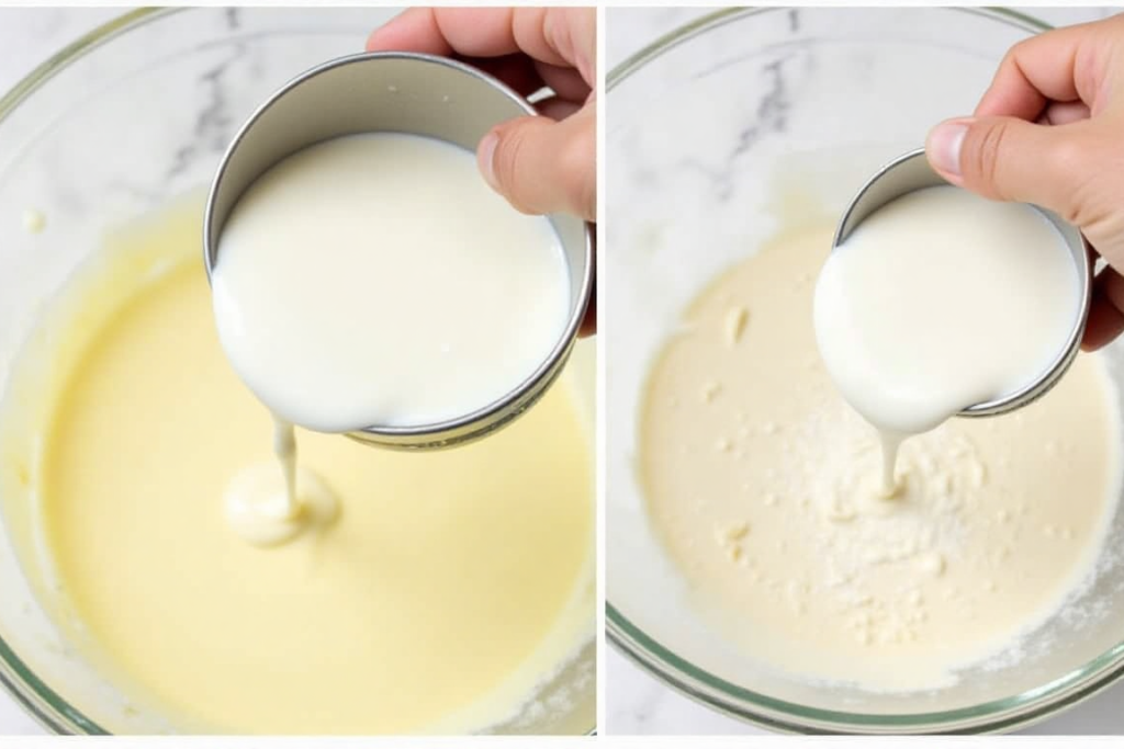 Pouring heavy cream into a bowl with instant pudding mix.