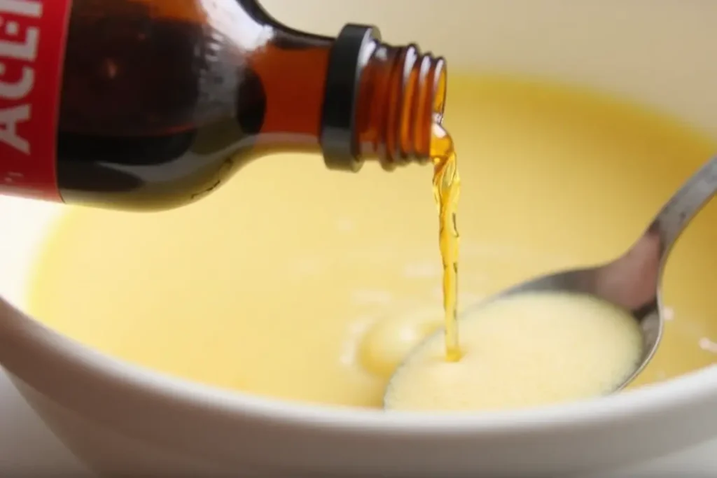 Adding vanilla extract to enhance the flavor of pudding.