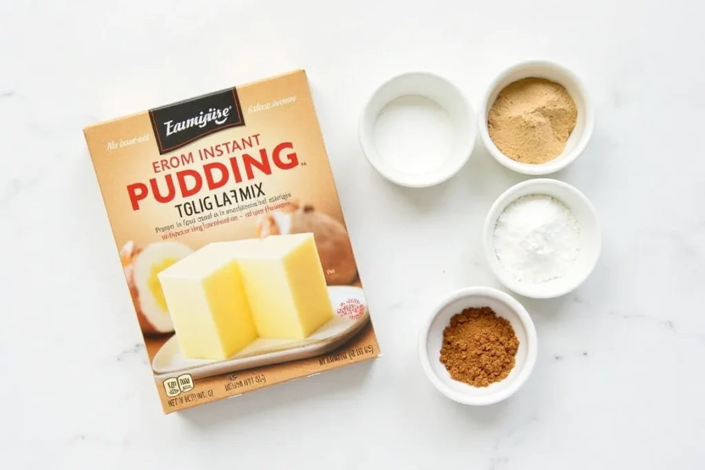 Instant pudding mix with key ingredients like starch and sugar.