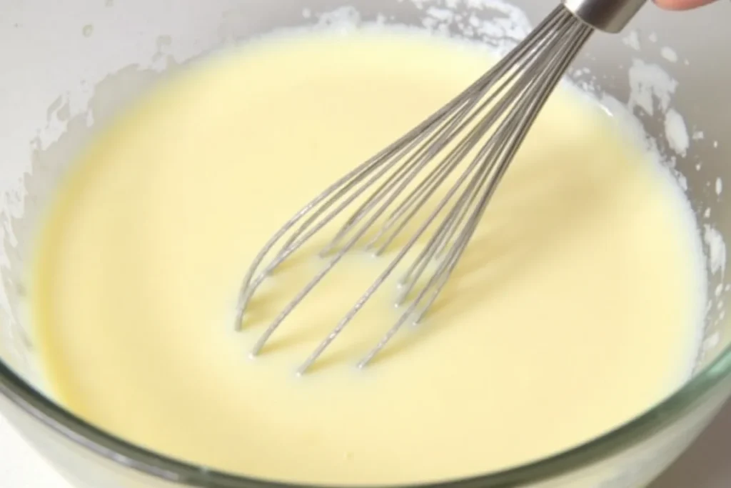 Instant pudding mix being whisked into a thick and creamy consistency.