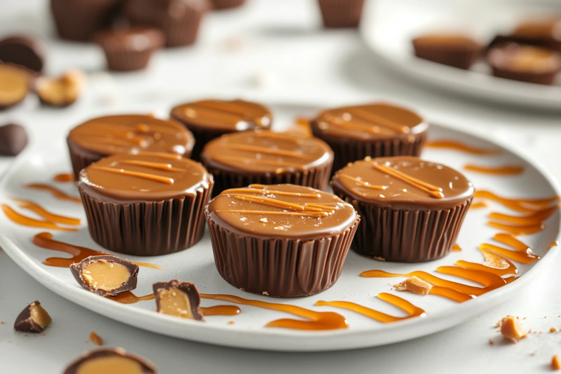 Reese's Caramel Cups with caramel drizzle and peanut butter cups, showcasing when Reese’s Caramel Cups came out.