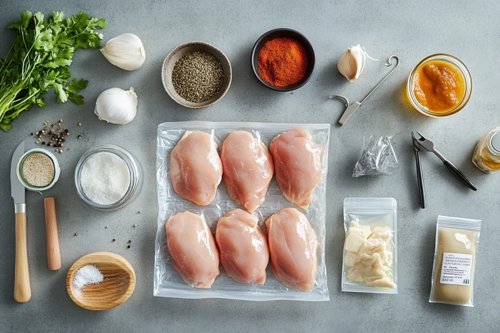 Ready-made chicken and spices on a kitchen counter