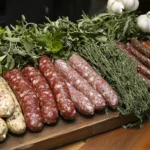 A variety of Italian sausages with fresh herbs and garlic.